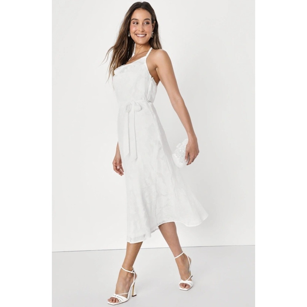 NEW Lulu's Graceful Charm White Burnout Floral Jacquard Halter Midi Dress Medium